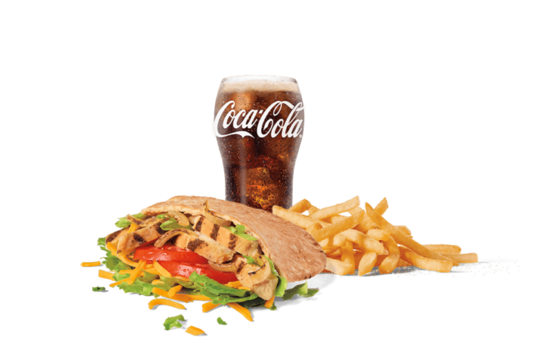 A delicious chicken fajita pita filled with grilled chicken strips, fresh lettuce, tomato, and shredded cheese, served with a side of golden fries and a glass of Coca-Cola, set against a clear background.